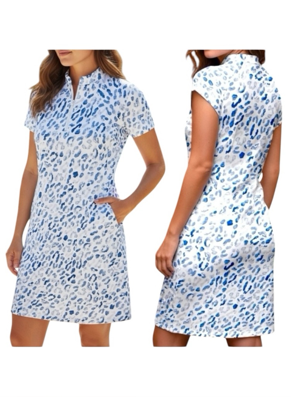 Ana Clare Bitsy Dress Little Kat UPF 50+ Blue White Animal Print Pockets S NEW